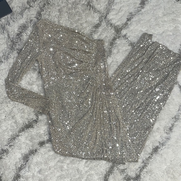 Marlowe Puff Sleeve Sparkling Dress Champagne Silver